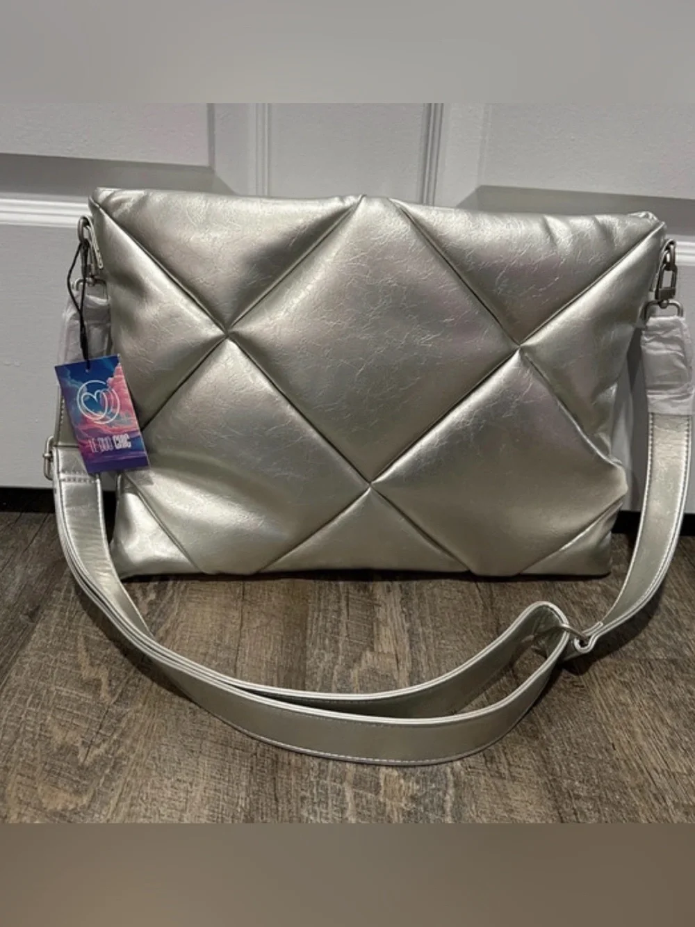 Quilted Metallic Silver Laptop Crossbody Bag - Women